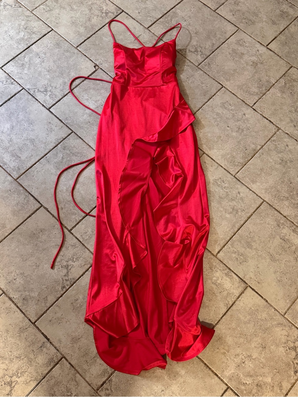 Crystal Doll Red Satin Ruffle Slip Maxi Dress